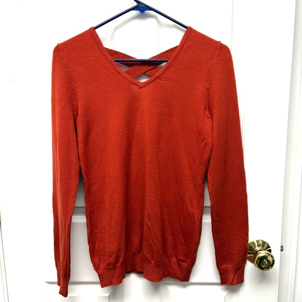 Love Ellie Sweater, Burnt Orange V Neck, Cris Cross Straps, Long Sleeve, Size XS
